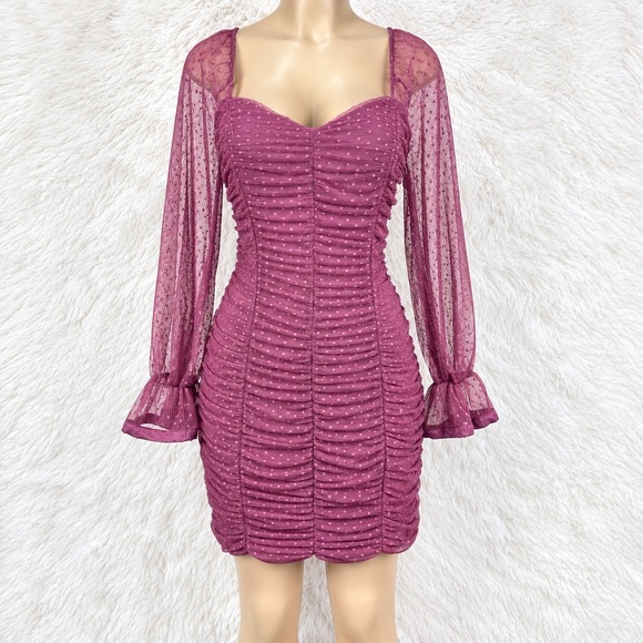 Haute Monde Dresses & Skirts - Haute Monde NWT Mauve Ruched Swiss Dot Mesh Bodycon Mini Dress XL